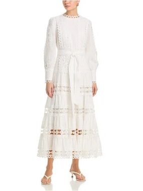 White Lace Long-Sleeve Maxi Dress with Tie Waist